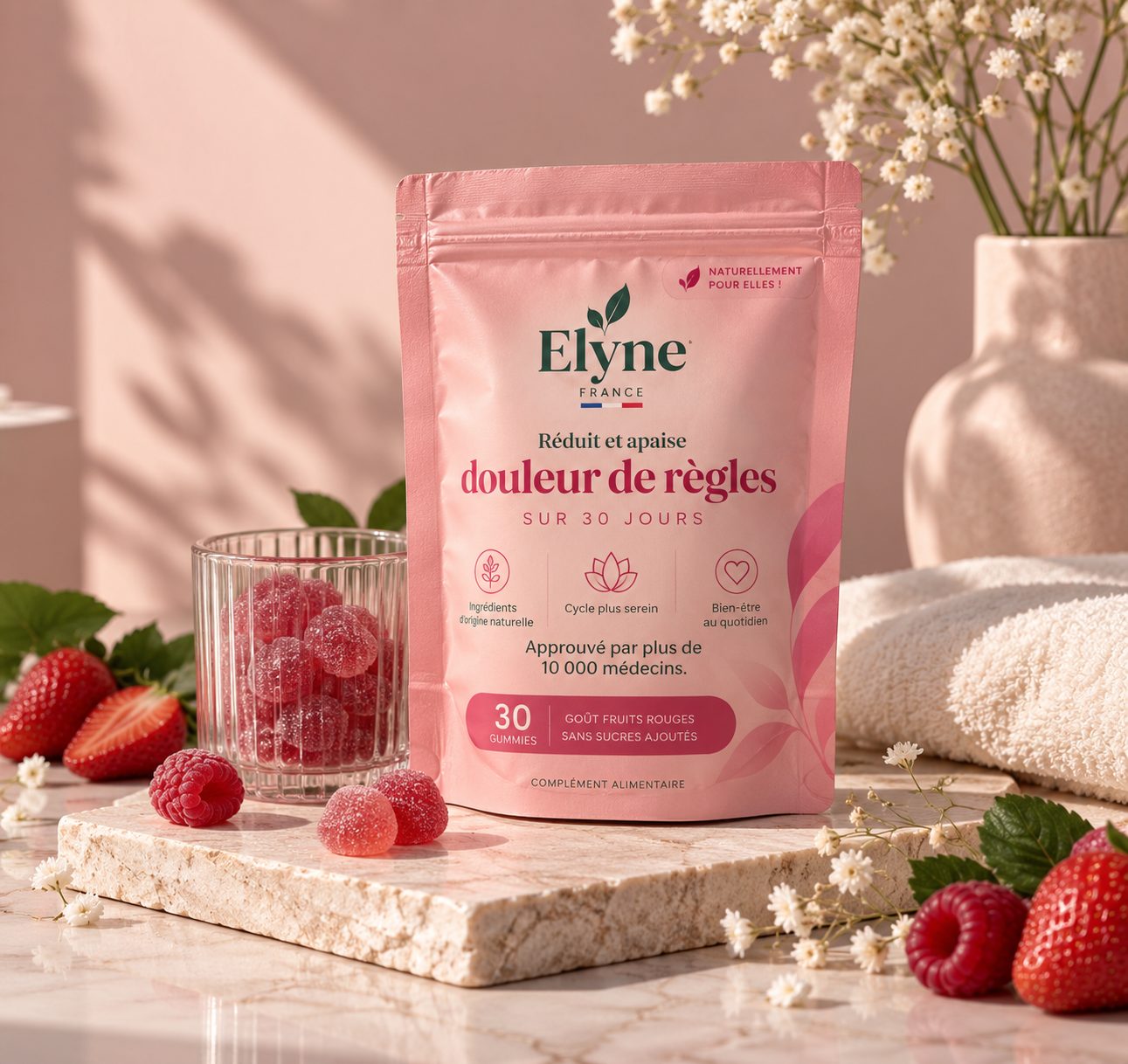 Gummies Elyne confort menstruel — goût fruits rouges, 30 gummies, cure 30 jours